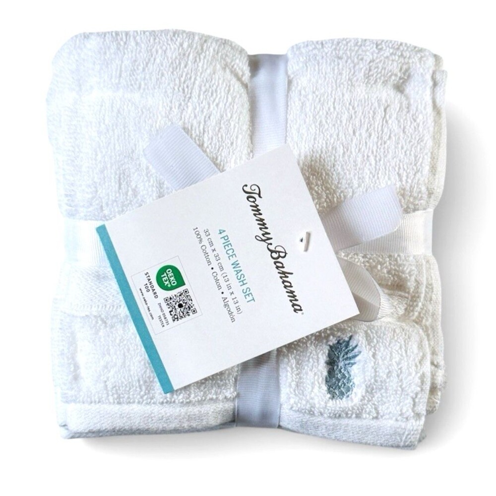 Tommy Bahama White Embroidered Blue Pineapple Washcloths Facecloths Set of 4